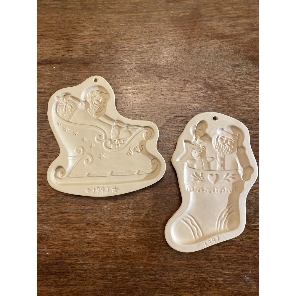2 Brown Bag Cookie Mold Santa Sleigh Ceramic vintage 1993, 1997 Santa Stocking